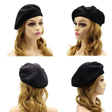 French Beret Hat,Reversible Solid Color Cashmere Beret Cap for Womens Girls Lady Adults (Black)…