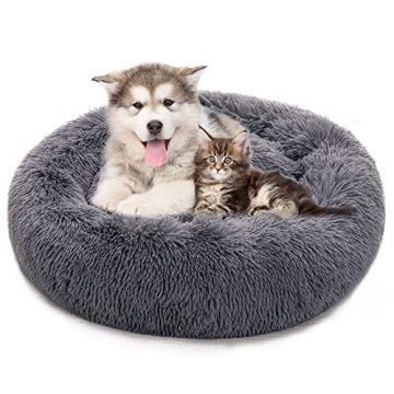 PEOPLE&PETS Soft Long Plush Pet Bed, Calming Self-Warming Round Donut Cuddler, Fluffy Dog Cat Cushio...