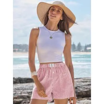 ANRABESS Boxer Shorts for Women Pajama Gingham Shorts 2025 Summer Casual Lounge Sleep Plaid Shorts Y2K Beach Bottoms Red White Stripe Large