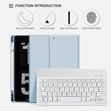 aoub Case for iPad 6th/5th Generation 9.7 inch, iPad Air 2, iPad Air, Stand Folio Detachable Wireless Bluetooth Keyboard Cover Soft TPU Back Case with Pencil Holder for iPad 9.7”, Sky Blue