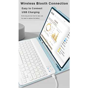 aoub Case for iPad 6th/5th Generation 9.7 inch, iPad Air 2, iPad Air, Stand Folio Detachable Wireless Bluetooth Keyboard Cover Soft TPU Back Case with Pencil Holder for iPad 9.7”, Sky Blue