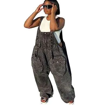 LETSVDO Women's Boho Jumpsuit Adjustable Loose Fit Jean Bib Utility Overalls Vintage Cargo Wide Leg One Piece Rompers Pantsuits