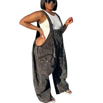 LETSVDO Women's Boho Jumpsuit Adjustable Loose Fit Jean Bib Utility Overalls Vintage Cargo Wide Leg One Piece Rompers Pantsuits