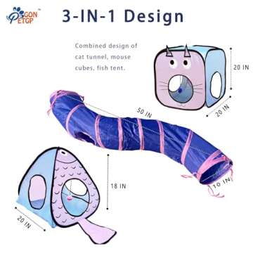 GONPETGP Cat Tunnel for Indoor Cats with Cube Tent Toys Combo, Crinkle Paper Collapsible Interactive Pet Cat Tubes with Play Ball and Bell for Puppy, Kitty, Kitten, Rabbit (3 in 1 Set
