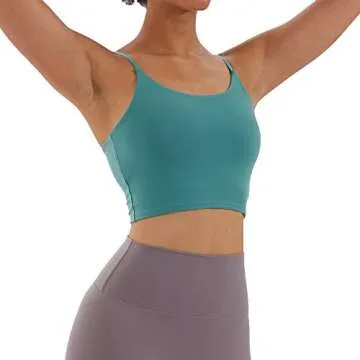 Meslong Women's Strappy Stretch Sports Bra Longline Yoga Tank Top Fitness Bra Workout Camisole Crop Tops for Teen Girl(Bean Green,Medium)