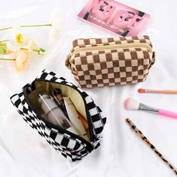 SOIDRAM 2 Pieces Checkered Cosmetic Travel Bags - Cute Makeup Pouch Organizers With Brush Storage fo...