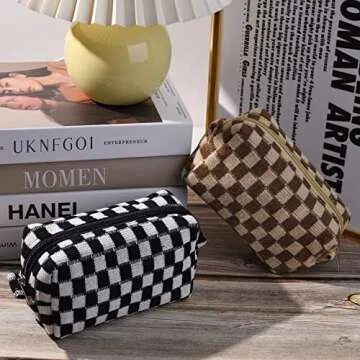 SOIDRAM 2 Pieces Checkered Cosmetic Travel Bags - Cute Makeup Pouch Organizers With Brush Storage for Women