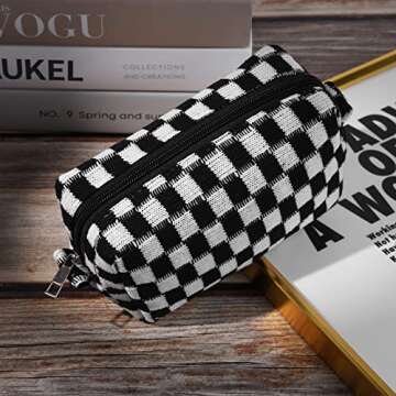 SOIDRAM 2 Pieces Checkered Cosmetic Travel Bags - Cute Makeup Pouch Organizers With Brush Storage for Women