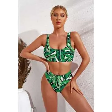 Pink Queen Women's Crop Top High Waisted Cut Cheeky Bikini Set Green S
