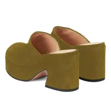 Pazzion Women's Comfy Thick Platform Round Closed Toe Clogs Mules Slip On Block High Heel Backless Slippers Versatile Indoor Shopping Shoes Size 8.5 Olive