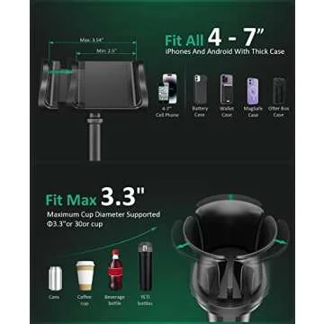 Car Cup Holder Phone Mount: Universal Auto Cell Phone Stand with Drink Expand Cup Holder for Truck | SUV | Automobile Compatible with iPhone & Samsung and Other Android Smartphone