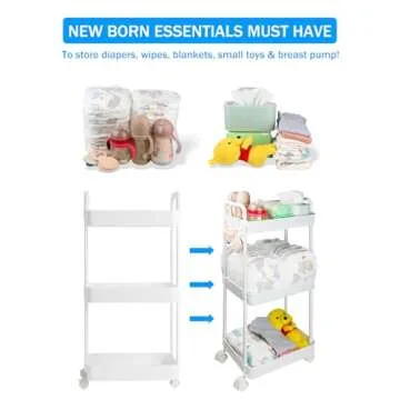 Volnamal Diaper Caddy Organizer, 3-Tier Movable Diaper Cart with Wheels, Newborn Essentials Must Hav...