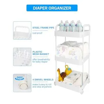 Volnamal Diaper Caddy - 3-Tier Organizer with Wheels