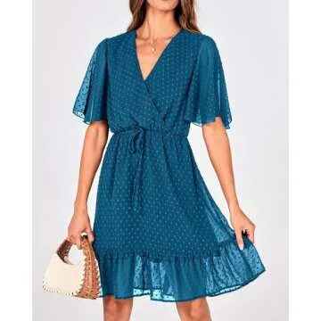 KIRUNDO Women's Summer Dresses 2024 Spring Casual Short Sleeve V Neck Ruffle Swiss Dot High Waist Flowy Mini Dress with Belt, Style2-lake Blue, Large