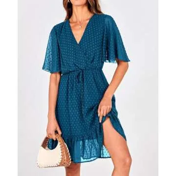 KIRUNDO Women's Summer Dresses 2024 Spring Casual Short Sleeve V Neck Ruffle Swiss Dot High Waist Flowy Mini Dress with Belt, Style2-lake Blue, Large