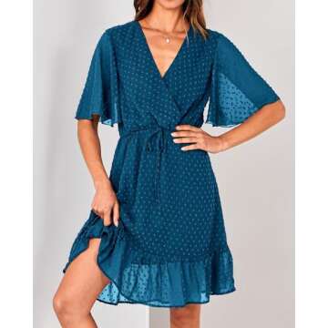 KIRUNDO Women's Summer Dresses 2024 Spring Casual Short Sleeve V Neck Ruffle Swiss Dot High Waist Flowy Mini Dress with Belt, Style2-lake Blue, Large