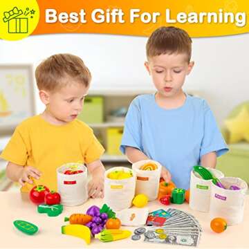 69 Pcs Wooden Play Food Sets for Kids Kitchen, Pretend Food Toys for Toddlers, Play Kitchen Toys, Fake Fruit/Vegetable Accessories with Sorting Bag, Play Money, Birthday Gifts for Boys Girls Age 3+