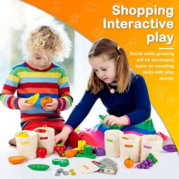 69 Pcs Wooden Play Food Sets for Kids Kitchen, Pretend Food Toys for Toddlers, Play Kitchen Toys, Fake Fruit/Vegetable Accessories with Sorting Bag, Play Money, Birthday Gifts for Boys Girls Age 3+