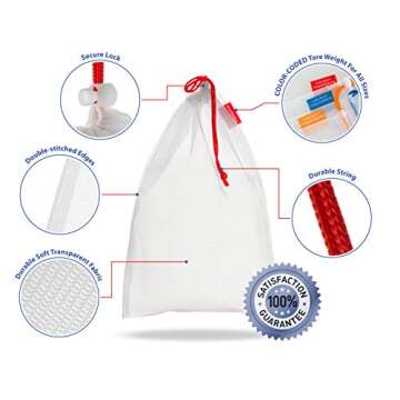 VANDOONA Reusable Mesh Produce Produce Bags for fruit & vegetables grocery shopping | Transparent Washable Eco Friendly Bags with Tare Weight Color Coded Tags. 9 Pack