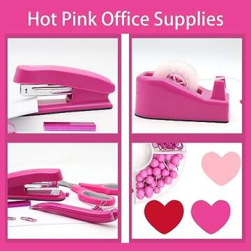 Hot Pink Office Supplies, UPIHO Hot Pink Desk Accessories, Stapler and Tape Dispenser Set for Women with Stapler, Tape Dispenser, Staple Remover, Staples, Clips, Scissor and Sticky Notes for Students
