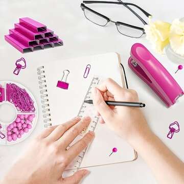 Hot Pink Office Supplies, UPIHO Hot Pink Desk Accessories, Stapler and Tape Dispenser Set for Women with Stapler, Tape Dispenser, Staple Remover, Staples, Clips, Scissor and Sticky Notes for Students