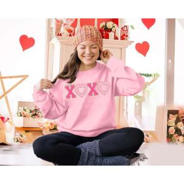 MYHALF Valentines Day Sweatshirt Valentine Shirts: Womens Oversized Embroidered Crewneck Tops Holiday Long Sleeve Outfits