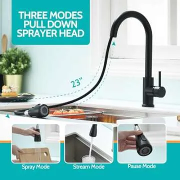 Kicimpro Matte Black Kitchen Faucet with Pull Down Sprayer, 304 Stainless Steel, 23-Inch Extended Ho...