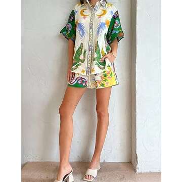 Peaceglad Women's Print 2 Piece Pajama Set Short Sleeve Button Down Tops Drawstring Shorts Loungewear Sleepwear Sets