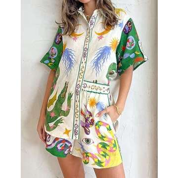 Peaceglad Women's Print 2 Piece Pajama Set Short Sleeve Button Down Tops Drawstring Shorts Loungewear Sleepwear Sets