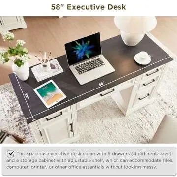 JXQTLINGMU 58" Executive Desk, Farmhouse Computer Desk with Drawers and Cabinet, Embossed Texture Home Office Desk, Workspace for Work Study Writing, Off White