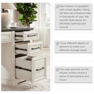 JXQTLINGMU 58" Executive Desk, Farmhouse Computer Desk with Drawers and Cabinet, Embossed Texture Home Office Desk, Workspace for Work Study Writing, Off White