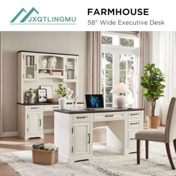 JXQTLINGMU 58" Executive Desk, Farmhouse Computer Desk with Drawers and Cabinet, Embossed Texture Home Office Desk, Workspace for Work Study Writing, Off White