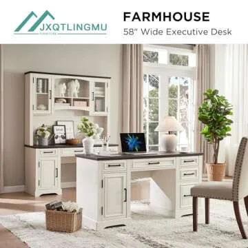 JXQTLINGMU 58" Executive Desk, Farmhouse Computer Desk with Drawers and Cabinet, Embossed Texture Home Office Desk, Workspace for Work Study Writing, Off White