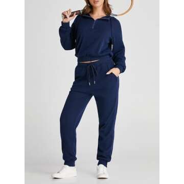 Herseas Womens 2 Piece Airport Outfits Casual Half Zip Stylish Sweatshirts Hoodie and Jogger Pants Tracksuit Travel Lounge Sets Navy Blue Medium