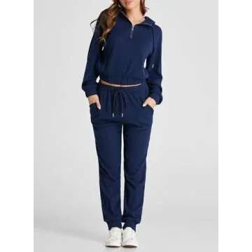 Herseas Womens 2 Piece Airport Outfits Casual Half Zip Stylish Sweatshirts Hoodie and Jogger Pants Tracksuit Travel Lounge Sets Navy Blue Medium