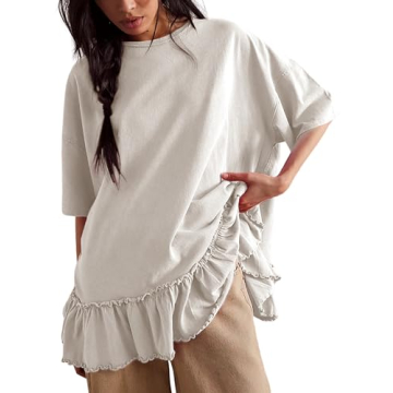 Nicfazy Womens Oversized T Shirts Casual Short Sleeve Blouse Ruffle Hem Round Neck Drop Shoulder Sum...
