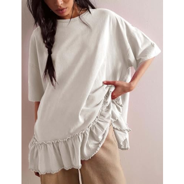 Nicfazy Oversized Women's Casual T-Shirt with Ruffled Hem