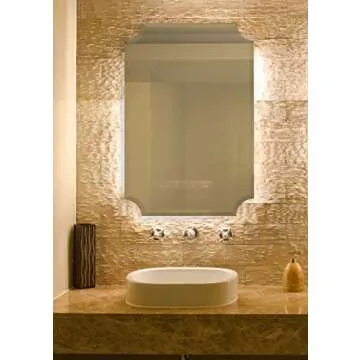 Hamilton Hills Rectangular 24x36 inch Scalloped Frameless Mirror | 1 inch Beveled Edge Curved Corners Bathroom Mirrors for Vanity | Wall Mounted Decorative Glass Mirror Hangs Horizontal & Vertical