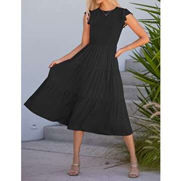 MEROKEETY Smocked Midi Dress with Flutter Sleeves