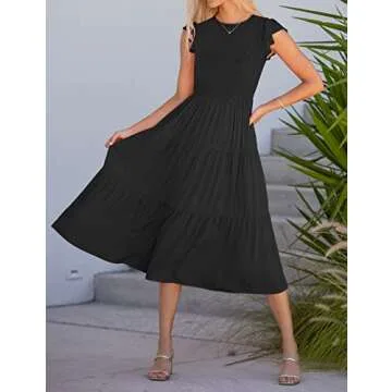 MEROKEETY Smocked Midi Dress with Flutter Sleeves