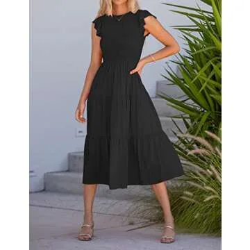 MEROKEETY Smocked Midi Dress with Flutter Sleeves