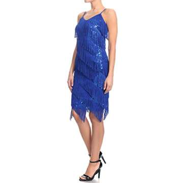 Anna-Kaci Womens Fringe Sequin Strap Backless 1920s Flapper Party Mini Dress,Blue,Medium