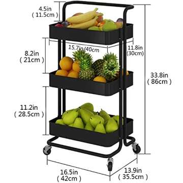 YANXUS 3-Tier Rolling Carts with Wheels Storage Cart Makeup Cart with Roller Wheels Mobile Storage Organizer for Kitchen, Bathroom, Office, Coffee Bar