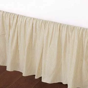 Cozy Line Home Fashions Farmhouse Ticking Cream Ivory Cotton Striped Ruffled Bed Skirt Dust Ruffle, Tailored 16" Drop (Queen)