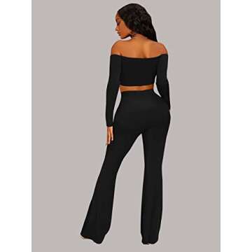 WDIRARA Women's 2 Piece Outfit Off The Shoulder Long Sleeve Crop Top and Flare Leg Pants Set Black XS