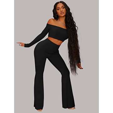 WDIRARA Women's 2 Piece Outfit Off The Shoulder Long Sleeve Crop Top and Flare Leg Pants Set Black XS