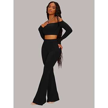 WDIRARA Women's 2 Piece Outfit Off The Shoulder Long Sleeve Crop Top and Flare Leg Pants Set Black XS