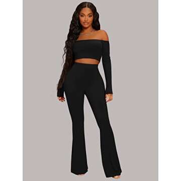 WDIRARA Women's 2 Piece Outfit Off The Shoulder Long Sleeve Crop Top and Flare Leg Pants Set Black XS