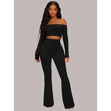 WDIRARA Women's 2 Piece Outfit Off The Shoulder Long Sleeve Crop Top and Flare Leg Pants Set Black XS