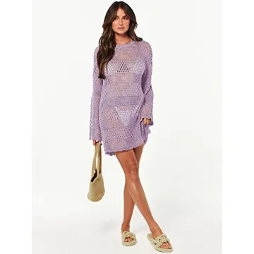 ANRABESS Women Swimsuit Crochet Swim Cover Up 2024 Summer Bathing Suit Swimwear Mesh Knit Beach Dress Vacation Outfits Light Purple X-Large